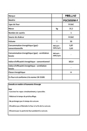 Gaziniere Proline PGC5050 W-F Proline