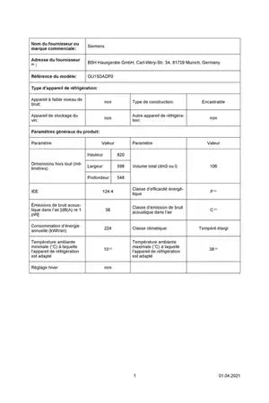 Congélateur top Siemens encastrable - GU15DADF0 Siemens