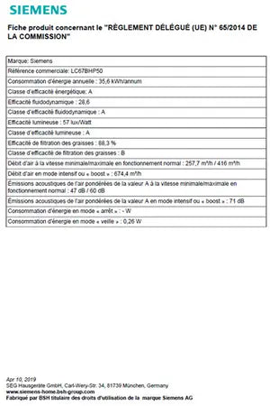 Hotte décorative murale Siemens LC67BHP50 Siemens