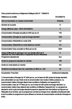 Lave-vaisselle Rosieres RI1C5SB1FA-47 - ENCASTRABLE 45 cm Rosieres