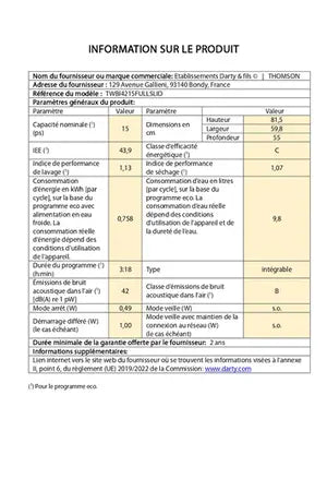 Lave-vaisselle Thomson Encastrable - TWBI4215CFULLSLID 60CM Thomson