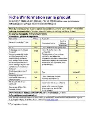 Lave-vaisselle Thomson THBIDW45DFULLSLID - ENCASTRABLE 45CM Thomson