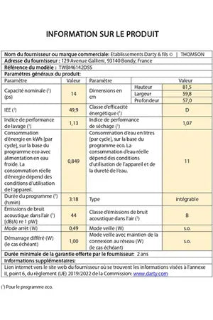 Lave-vaisselle Thomson TWBI46142DSS - encastrable 60cm Thomson