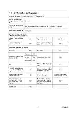 Refrigerateur congelateur en bas Siemens KG39N2IBF Siemens