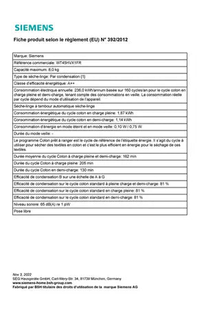 Sèche-linge Siemens WT45HVX1FR Siemens