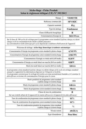 Sèche-linge Vedette SFV182C Vedette
